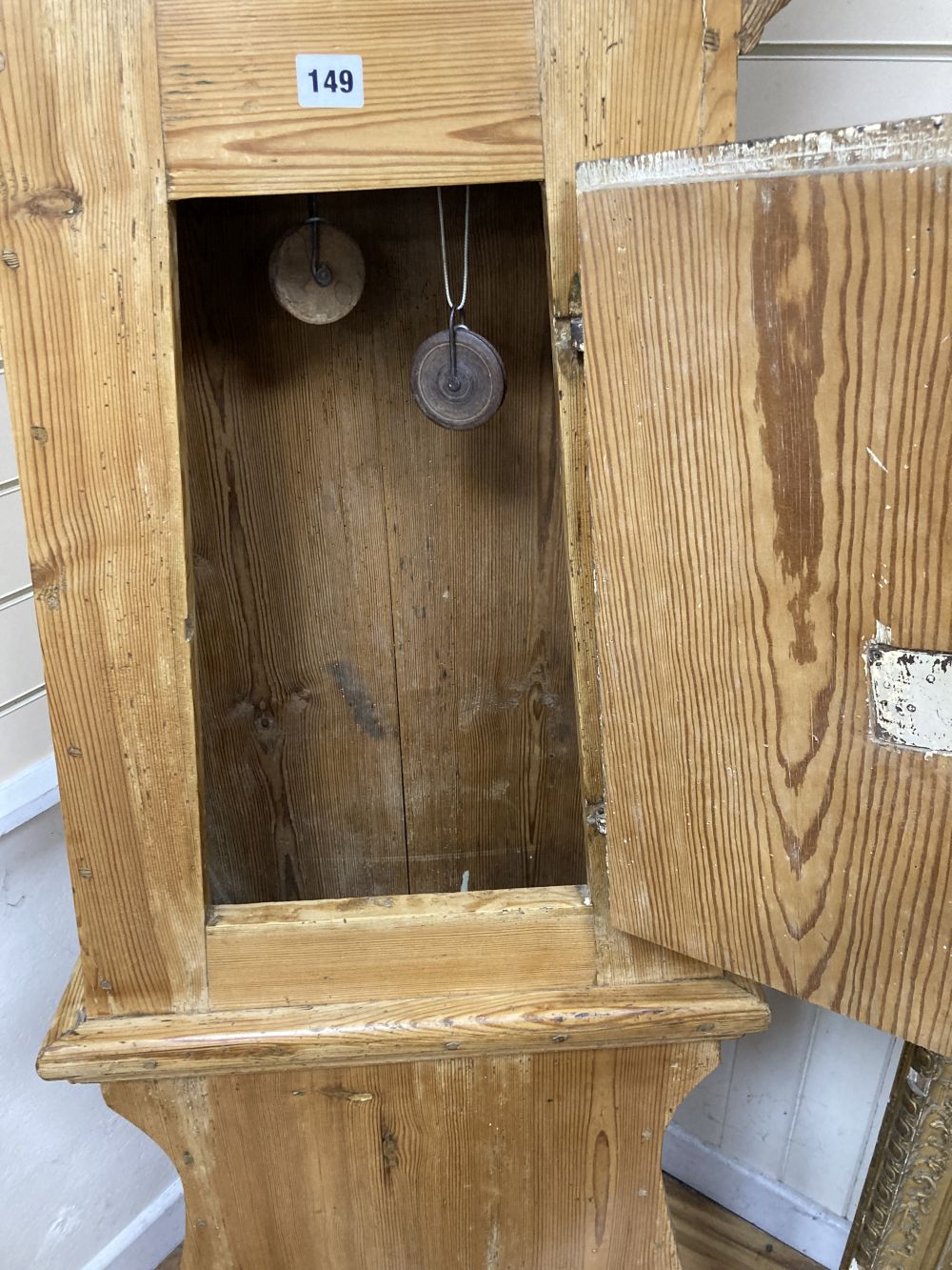 A Swedish pine longcase clock, G H Welcher, Eskilstuna, with painted dial, height 216cm